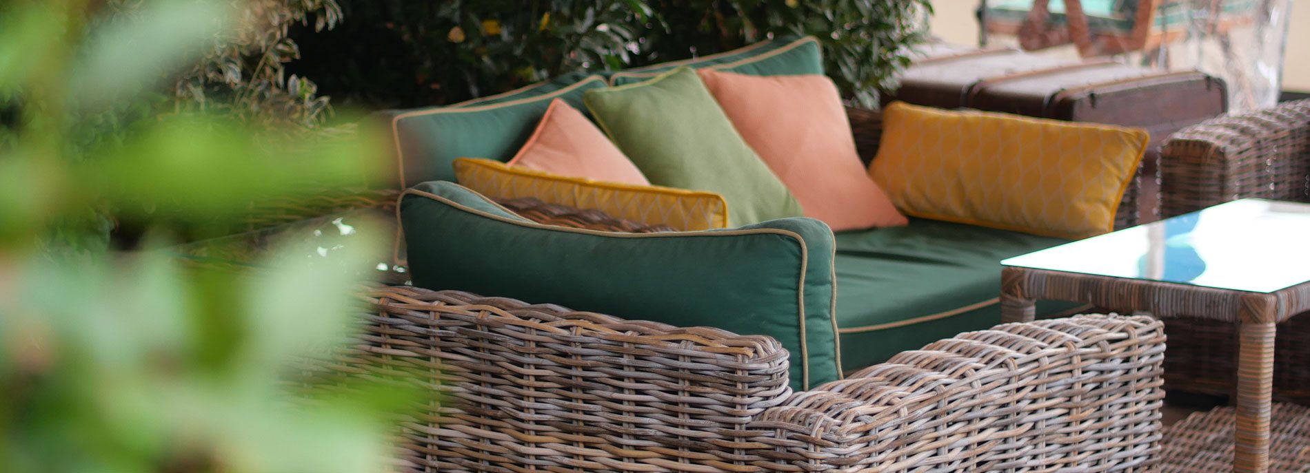 Cozy seating area in an outdoor garden space.