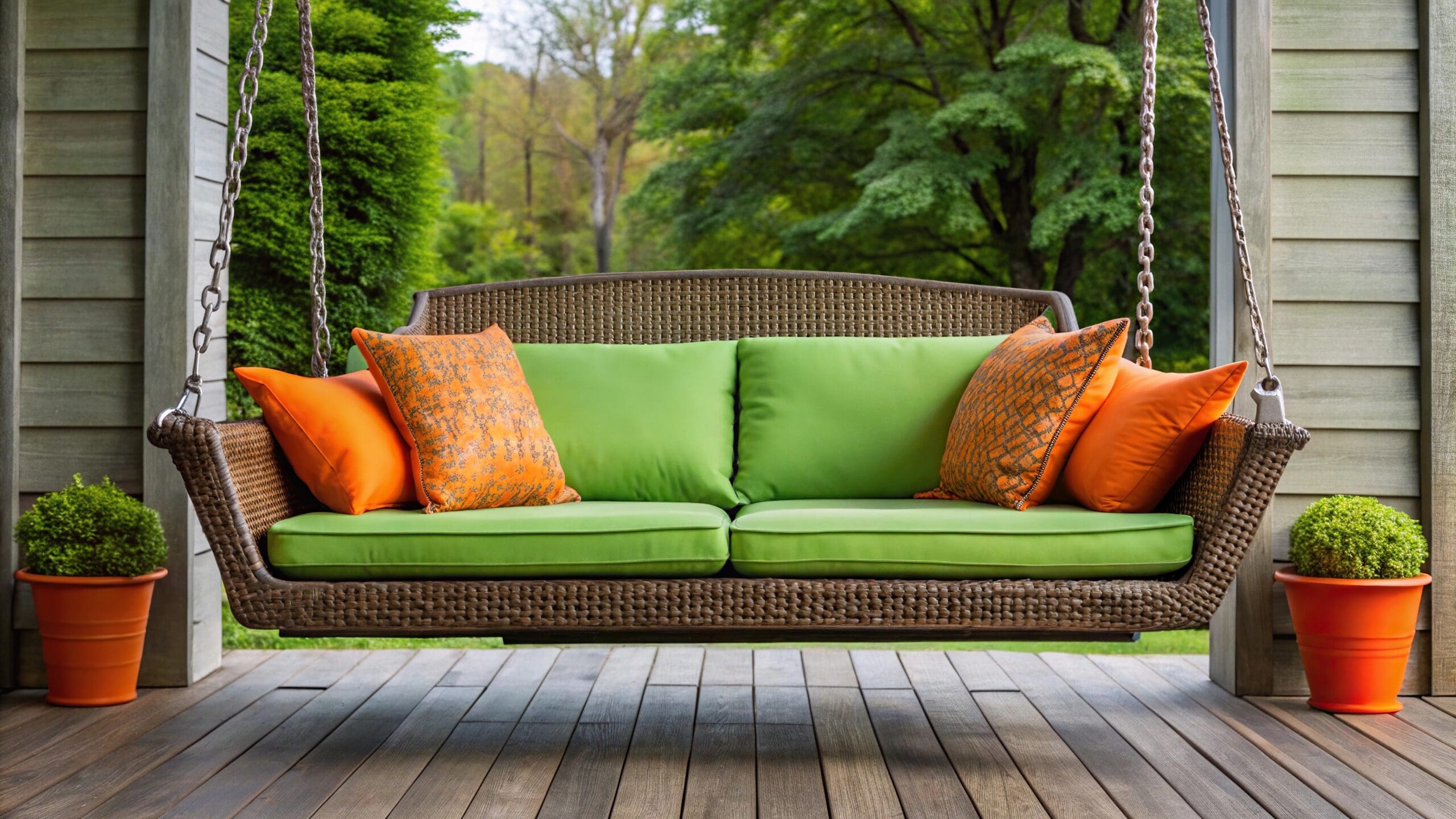 A porch swing with colorful outdoor cushions.