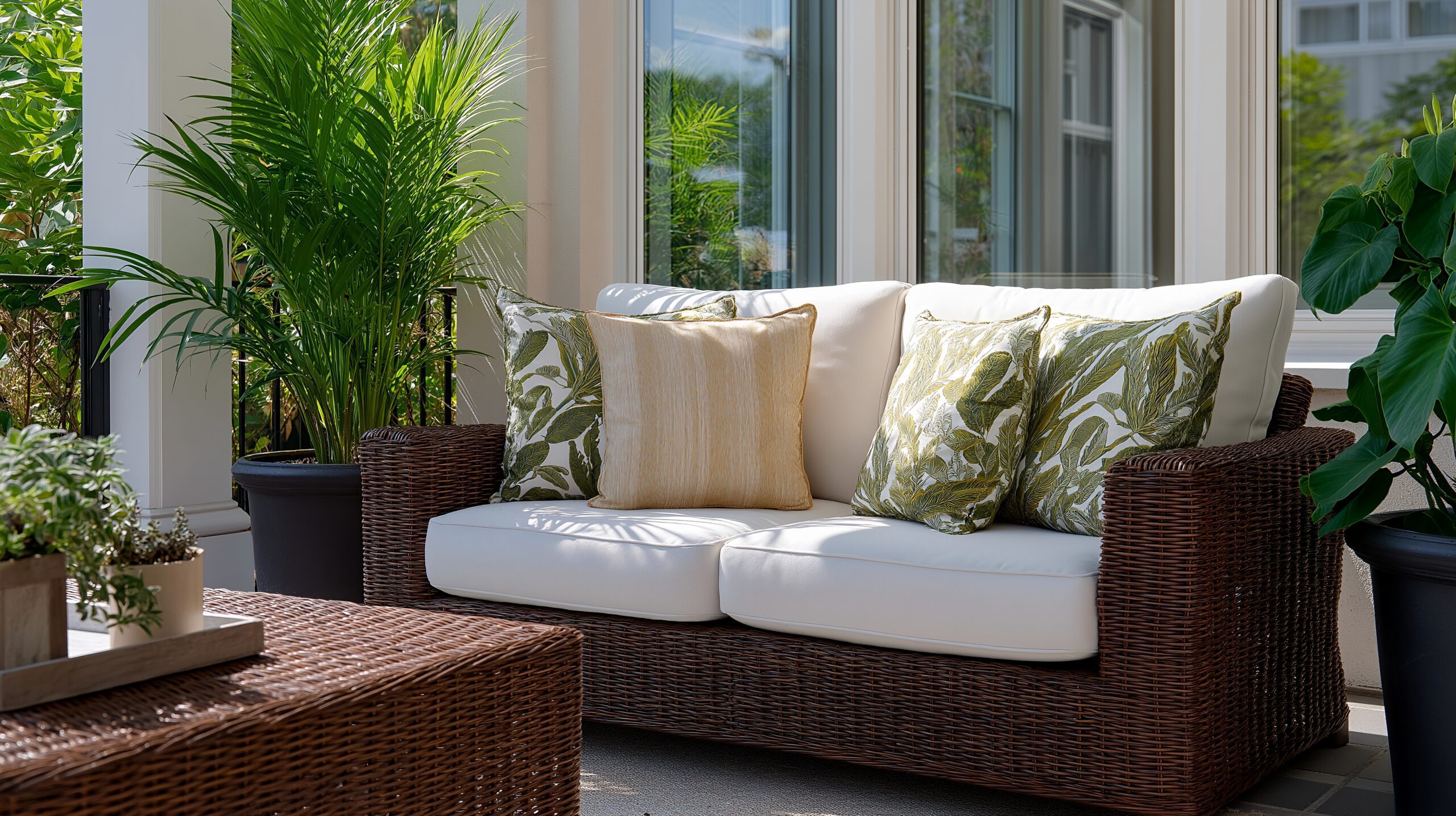 A patio with palm plants and wicker furniture.