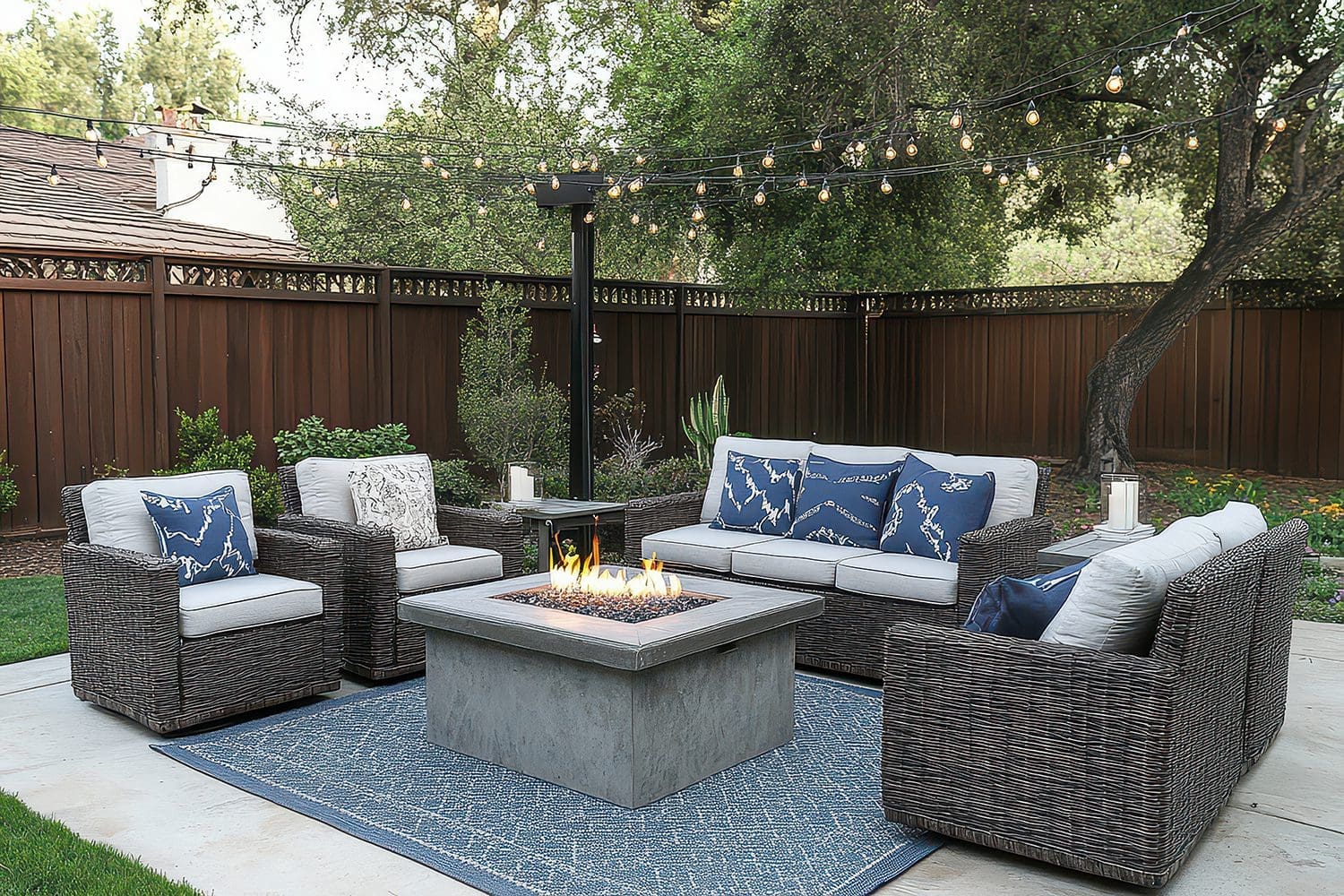 Patio furniture with thick cushions around a fire pit.