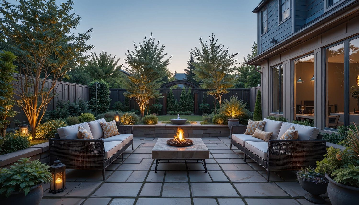 Comfortable patio furniture situated around a square fire pit table.