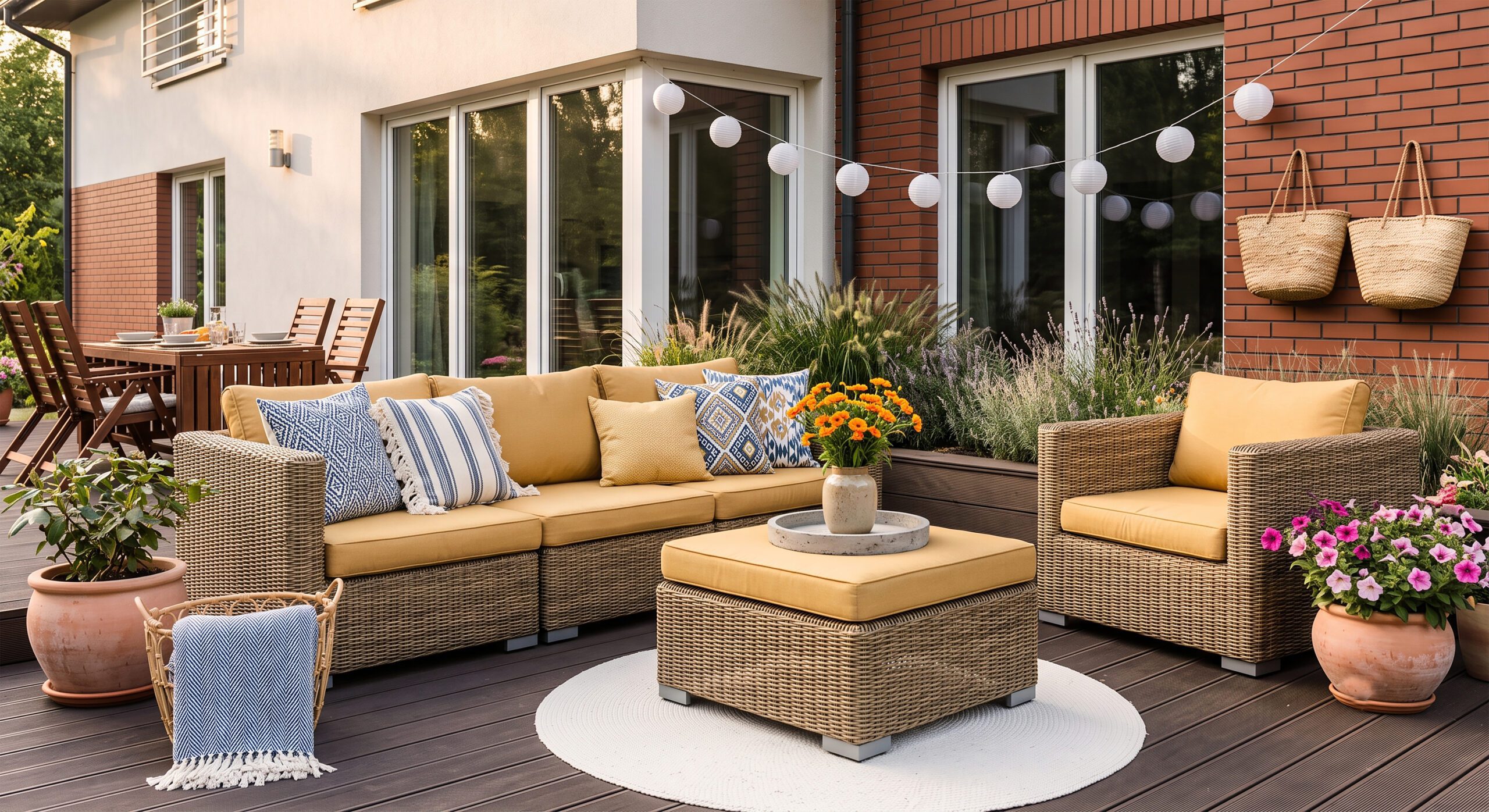 Modern wicker patio furniture set arranged comfortably on a wooden deck